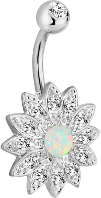 Forbidden Body Jewelry CZ Crystal Pave Flower with Opalite Gemstone Center Belly Button Ring