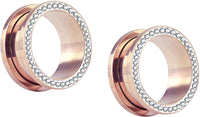 Forbidden Body Jewelry 10G-1" Rose Gold IP Plated Surgical Steel Crystal Rimmed Screw Fit Tunnel Plugs