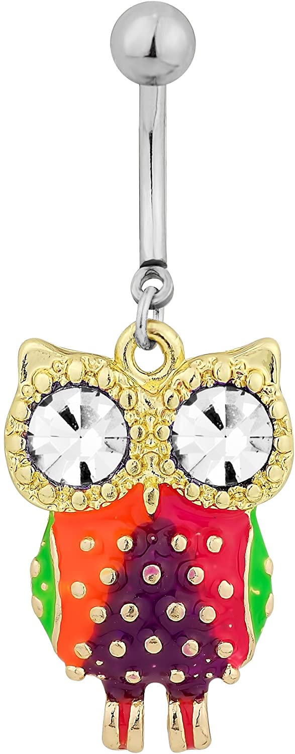 Forbidden Body Jewelry Surgical Steel Colorful Owl CZ Animal Dangle Belly Button Ring