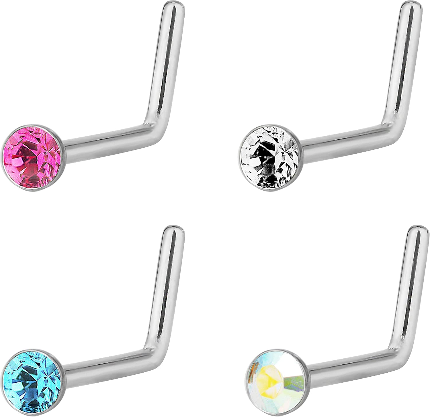 Forbidden Body Jewelry 20G Surgical Steel 6mm L-Shaped Nose Piercing Stud with 2.5mm Crystal Top