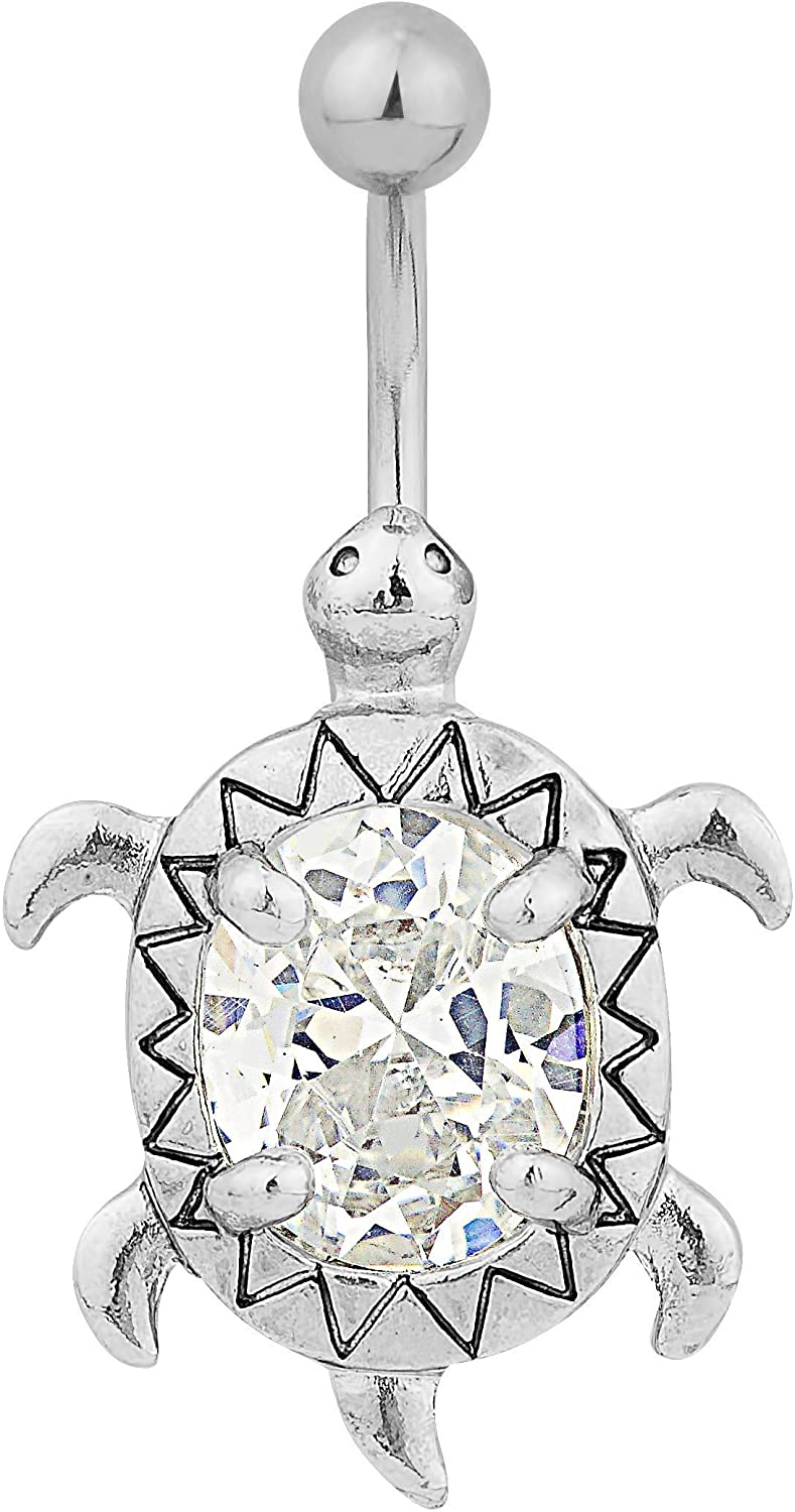 Surgical Steel CZ Jeweled Sea Turtle Animal Belly Button Ring