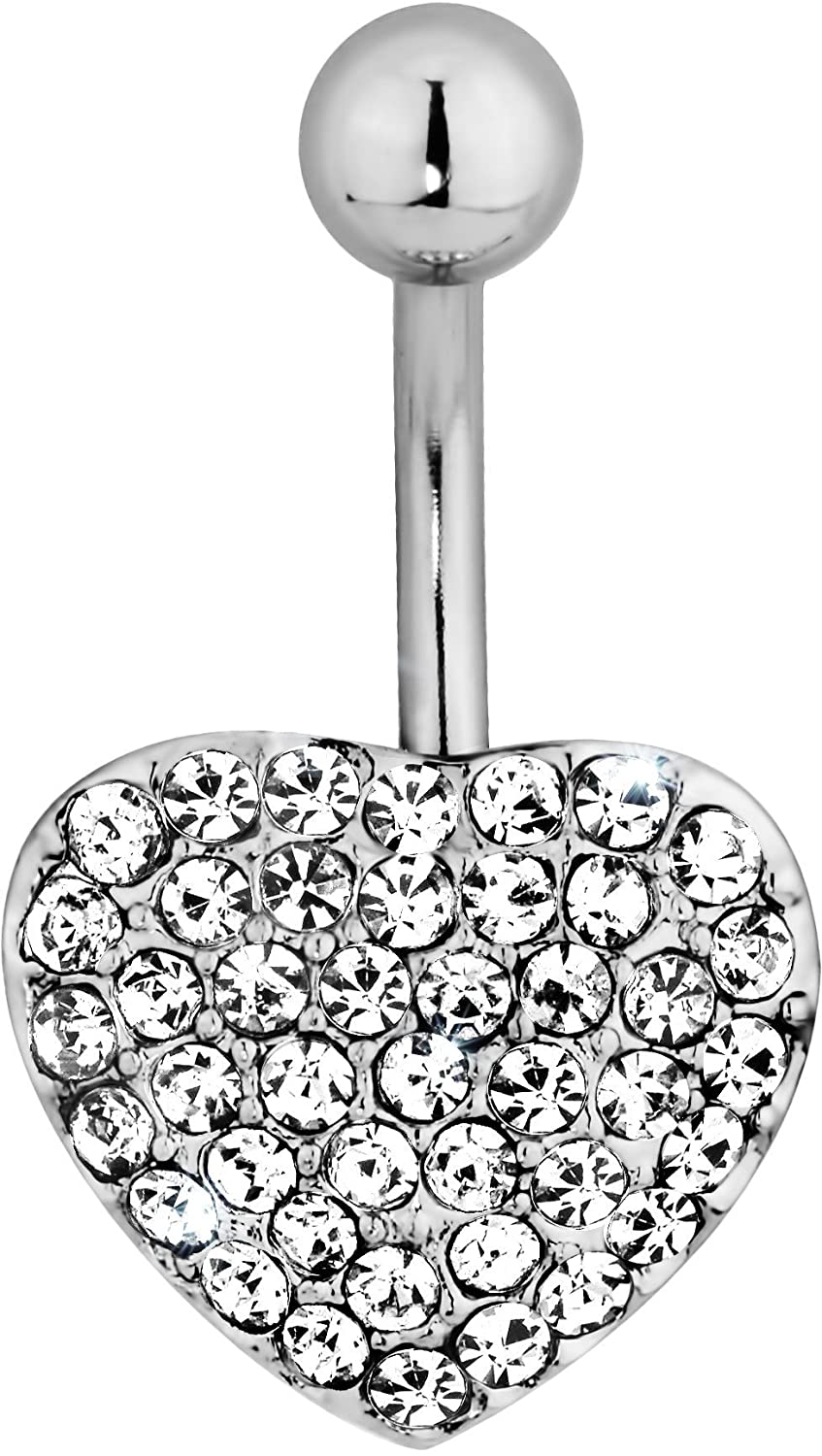 Forbidden Body Jewelry Pave CZ Crystal Heart Bling Belly Button Ring