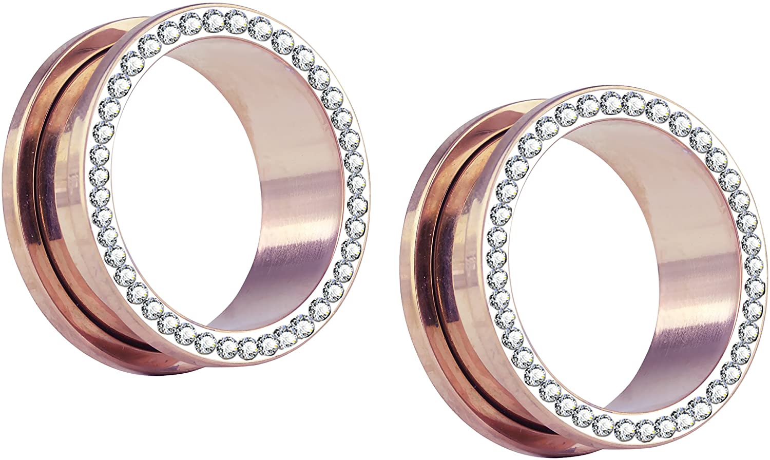 Forbidden Body Jewelry 10G-1" Rose Gold IP Plated Surgical Steel Crystal Rimmed Screw Fit Tunnel Plugs