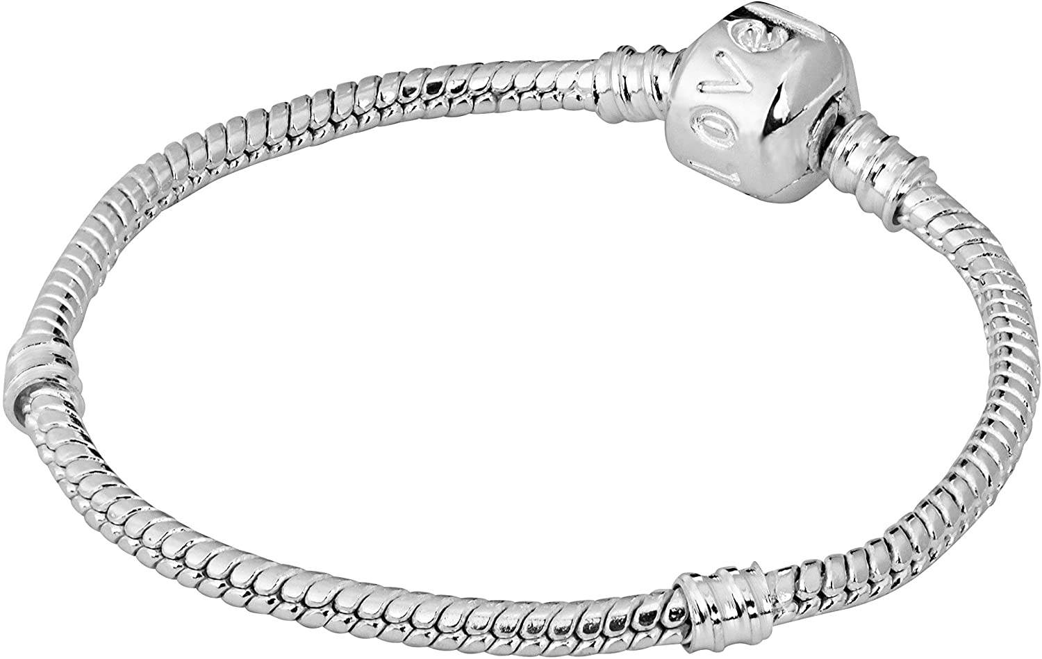 Kinzie Fashion 7.9 Inch Sterling Silver Plated Love Snap Barrel Clasp Snake Chain European Charm Bracelet For Women