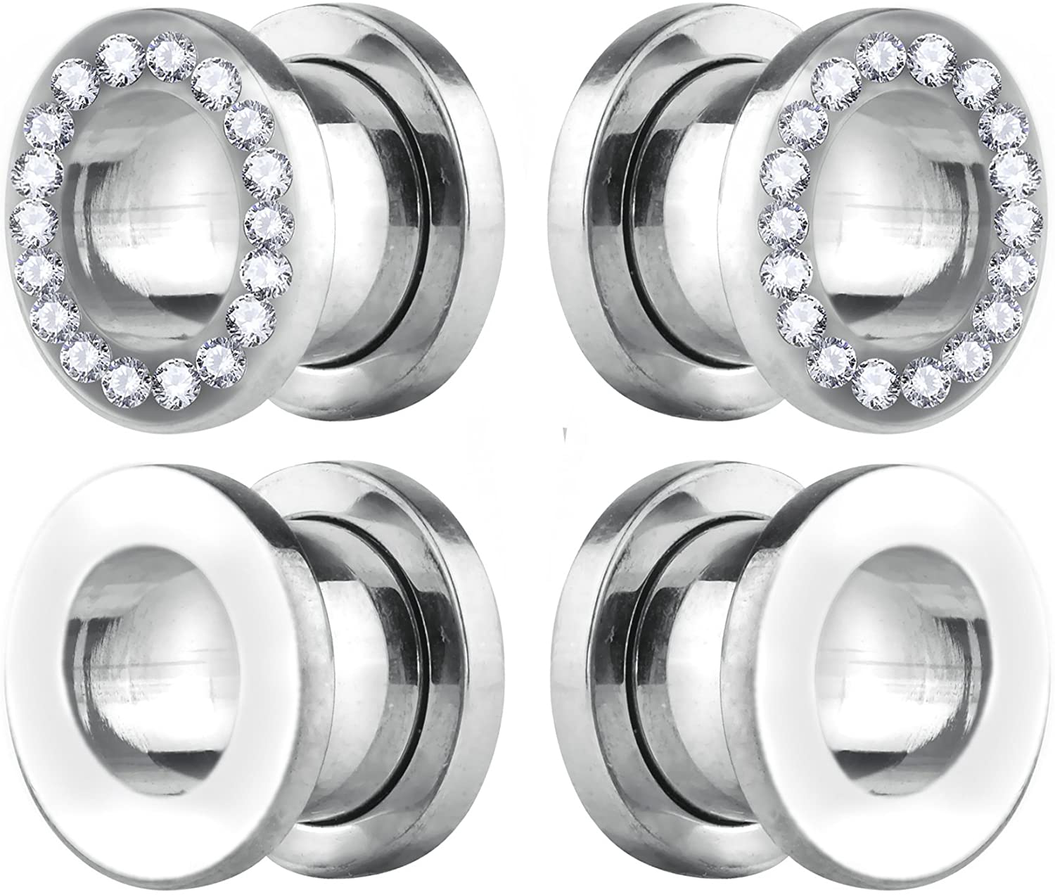 Forbidden Body Jewelry 4pcs 00G-2GA Surgical Steel Polished & Crystal Rimmed Tunnel Plug Earrings