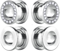 Forbidden Body Jewelry 4pcs 00G-2GA Surgical Steel Polished & Crystal Rimmed Tunnel Plug Earrings