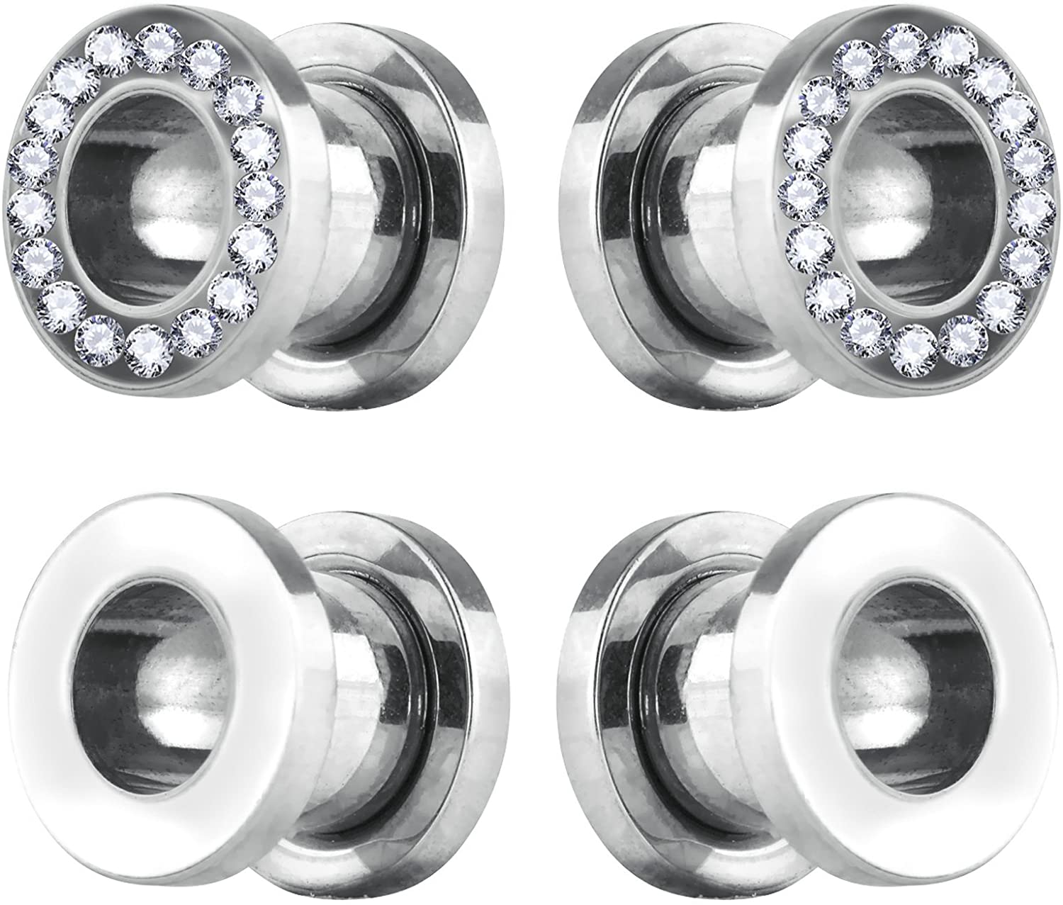 Forbidden Body Jewelry 4pcs 00G-2GA Surgical Steel Polished & Crystal Rimmed Tunnel Plug Earrings