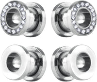 Forbidden Body Jewelry 4pcs 00G-2GA Surgical Steel Polished & Crystal Rimmed Tunnel Plug Earrings