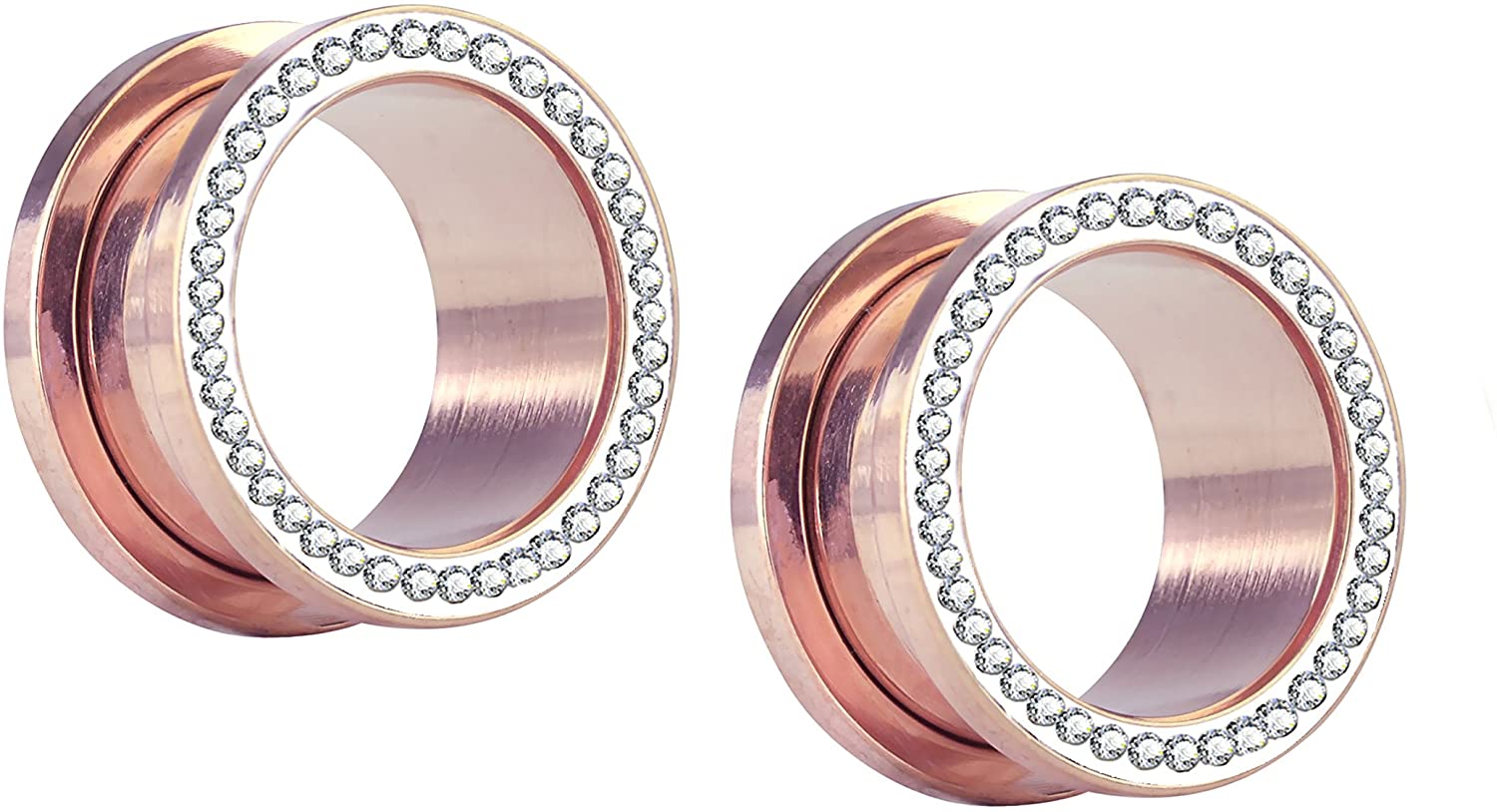 Forbidden Body Jewelry 10G-1" Rose Gold IP Plated Surgical Steel Crystal Rimmed Screw Fit Tunnel Plugs