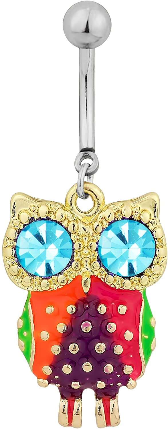 Forbidden Body Jewelry Surgical Steel Colorful Owl Aqua CZ Animal Dangle Belly Button Ring