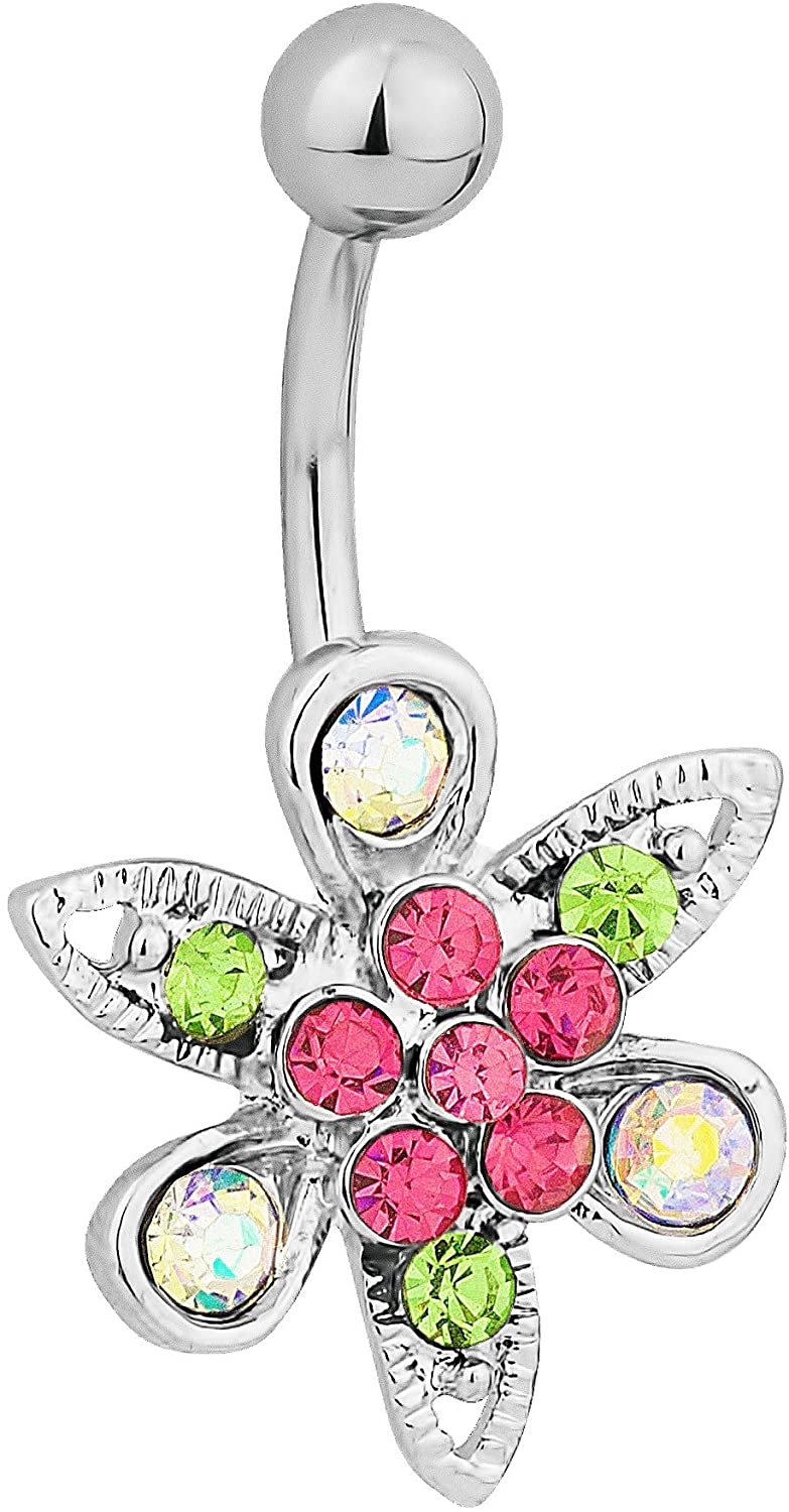 Surgical Steel Jeweled Flower Belly Button Ring