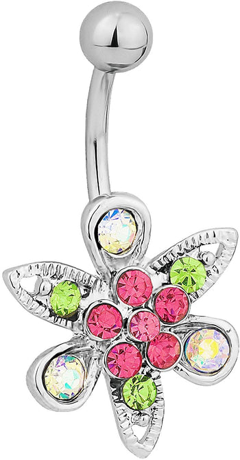 Surgical Steel Jeweled Flower Belly Button Ring