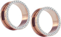 Forbidden Body Jewelry 10G-1" Rose Gold IP Plated Surgical Steel Crystal Rimmed Screw Fit Tunnel Plugs