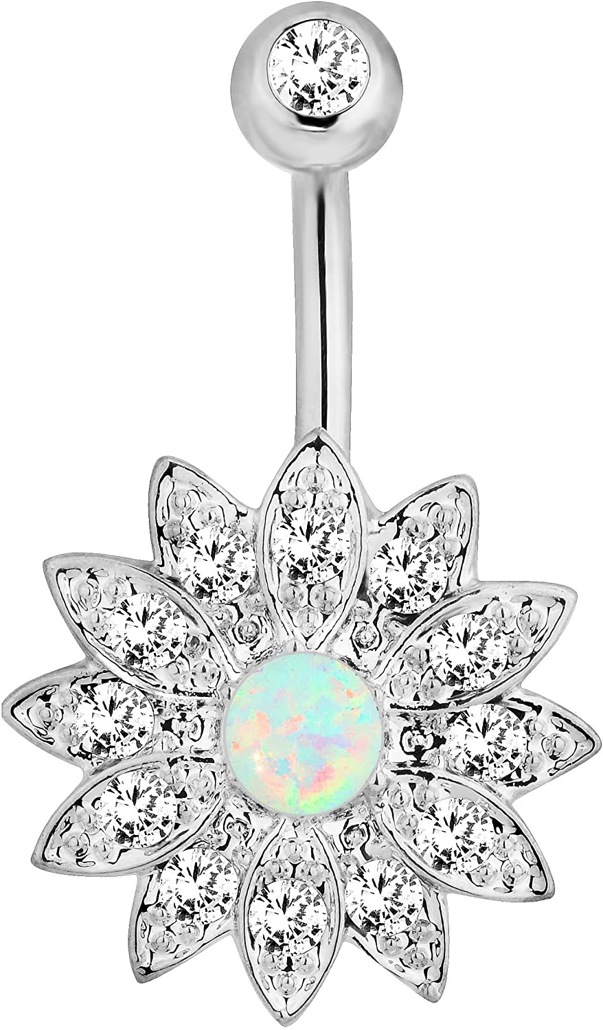 Forbidden Body Jewelry CZ Crystal Pave Flower with Opalite Gemstone Center Belly Button Ring