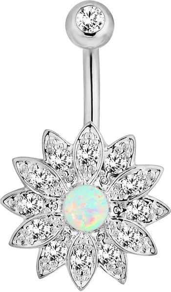 Forbidden Body Jewelry CZ Crystal Pave Flower with Opalite Gemstone Center Belly Button Ring