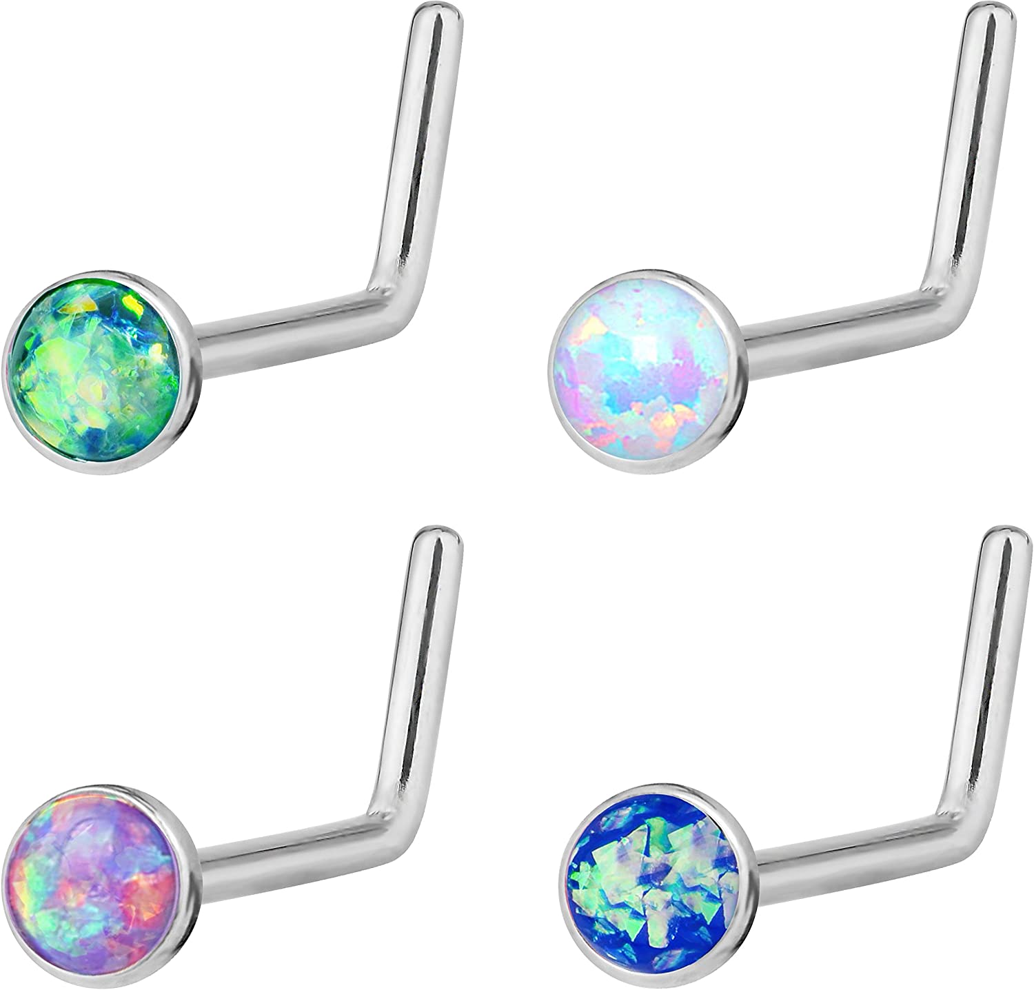 Forbidden Body Jewelry 20g 6mm Surgical Steel, Gold IP Plated & Rose Gold IP Plated Synthetic Opal L-Shape Nose Stud