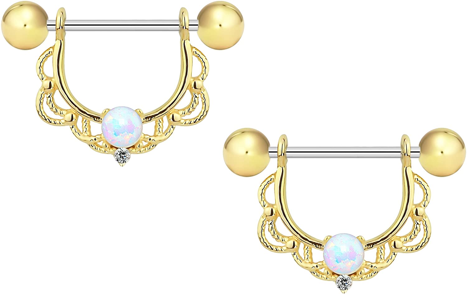 Forbidden Body Jewelry 14g-16g Surgical Steel Synthetic Opal Partial Nipple Shield Filigree Barbell Set