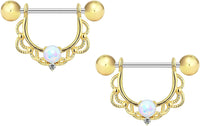 Forbidden Body Jewelry 14g-16g Surgical Steel Synthetic Opal Partial Nipple Shield Filigree Barbell Set