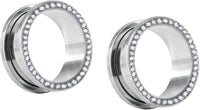 Forbidden Body Jewelry 2pcs 8GA-7/8 Surgical Steel Crystal Rimmed Screw Fit Tunnel Plugs