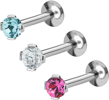 Forbidden Body Jewelry Set of 3: 16g 10mm Tragus Earrings, Helix Earrings & Labret Piercings, Internally Threaded CZ Studs