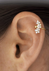 Gold IP Plated Brass Flower CZ & Faux Pearl Crystal Wrap Ear Cuff for Women