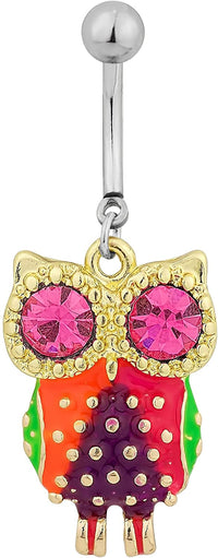 Forbidden Body Jewelry Surgical Steel Colorful Owl Pink CZ Animal Dangle Belly Button Ring