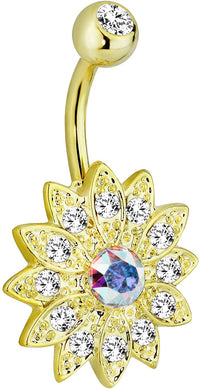 Forbidden Body Jewelry 14k Gold Plated Surgical Steel CZ Pave Crystal Bling Flower Belly Button Ring