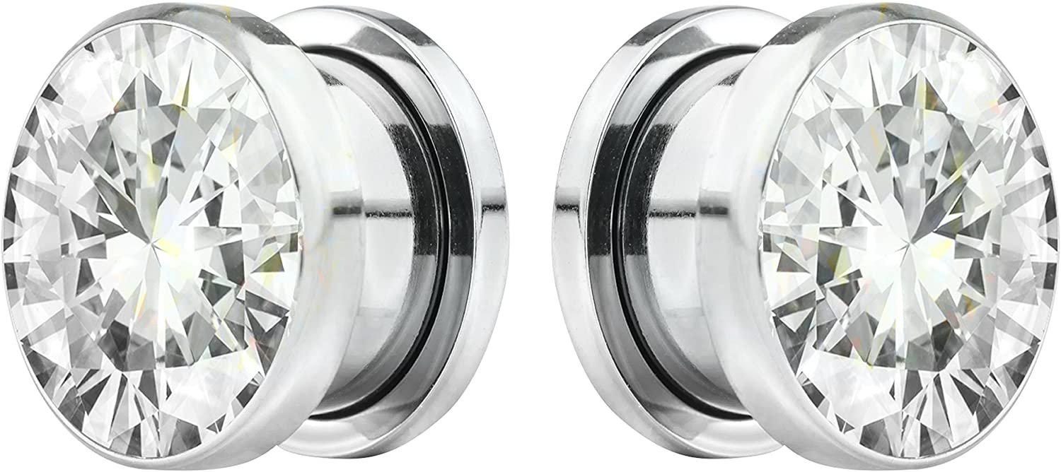 Forbidden Body Jewelry 8G-7/8 Surgical Steel Screw Fit CZ Center Tunnel Plug Earrings (Sold as Pair)