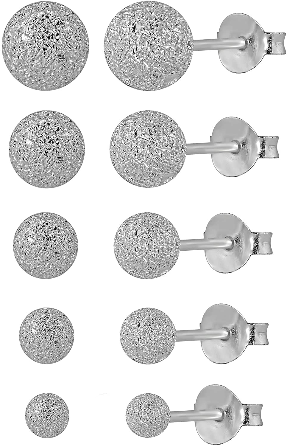 10pc Value Pack: Surgical Steel Sand Blast Ball Stud Earrings (3mm-7mm Pairs)