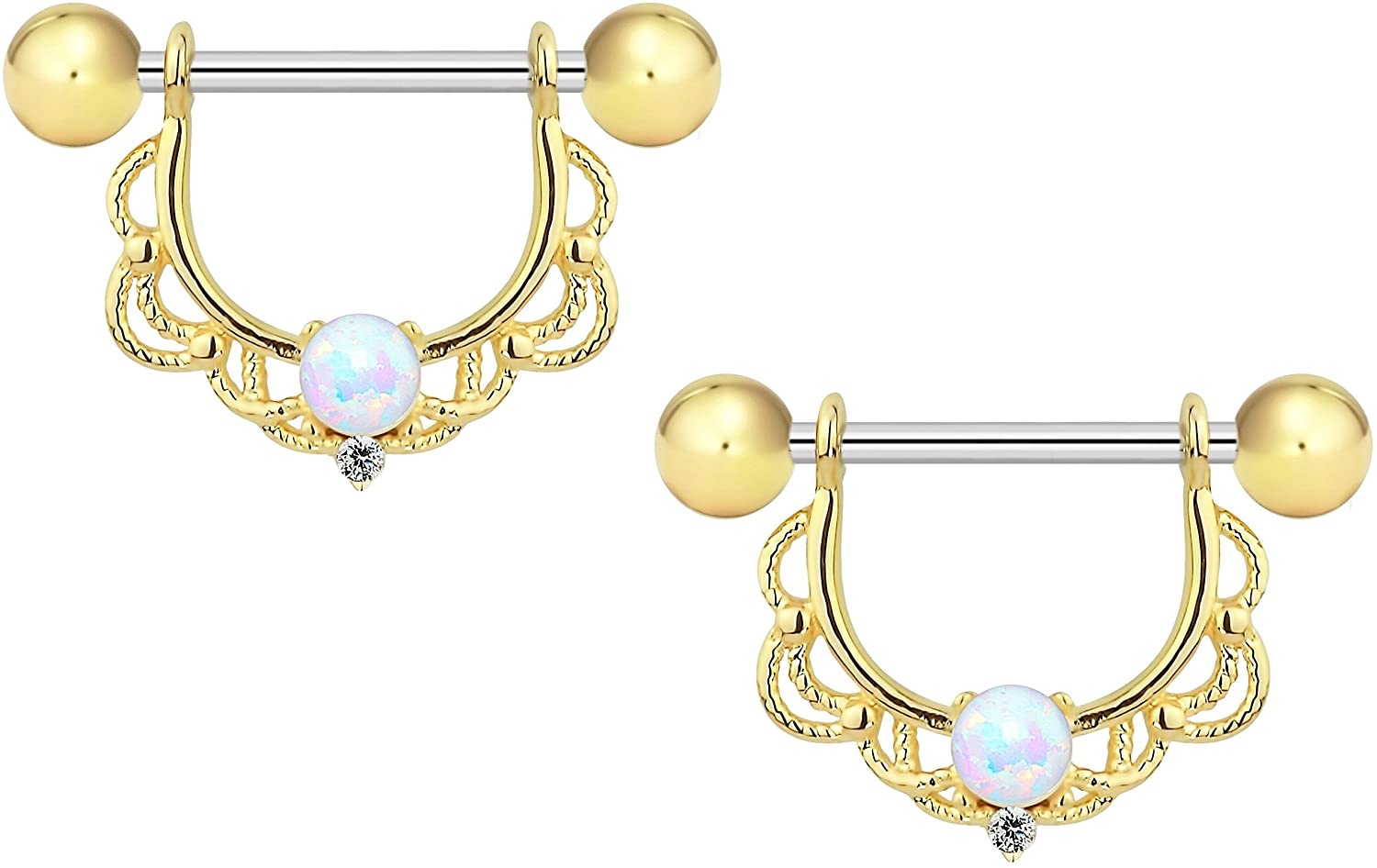 Forbidden Body Jewelry 14g-16g Surgical Steel Synthetic Opal Partial Nipple Shield Filigree Barbell Set