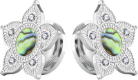 Forbidden Body Jewelry 8G-5/8 Surgical Steel Abalone Shell Center Flower Screw Fit Tunnel Plug Earrings