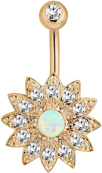 Forbidden Body Jewelry CZ Crystal Pave Flower with Opalite Gemstone Center Belly Button Ring