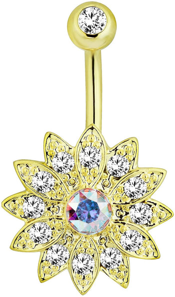 Forbidden Body Jewelry 14k Gold Plated Surgical Steel CZ Pave Crystal Bling Flower Belly Button Ring