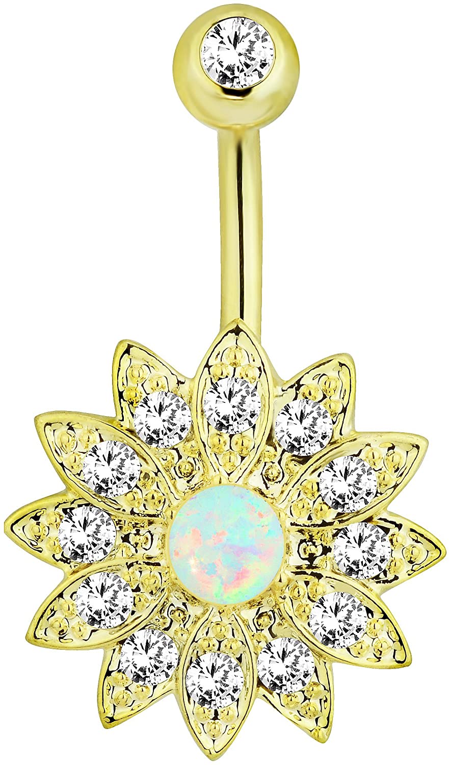 Forbidden Body Jewelry CZ Crystal Pave Flower with Opalite Gemstone Center Belly Button Ring