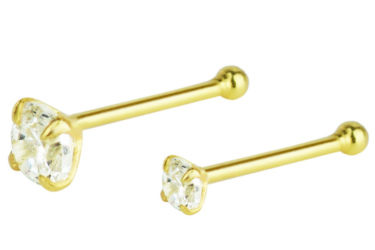 This set of 18kt Gold Plated Sterling Silver nose studs includes one 1.5 mm CZ crystal stud and one 2.5 mm CZ crystal stud. These 22 gauge studs are hypoallergenic.