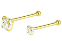 This set of 18kt Gold Plated Sterling Silver nose studs includes one 1.5 mm CZ crystal stud and one 2.5 mm CZ crystal stud. These 22 gauge studs are hypoallergenic.