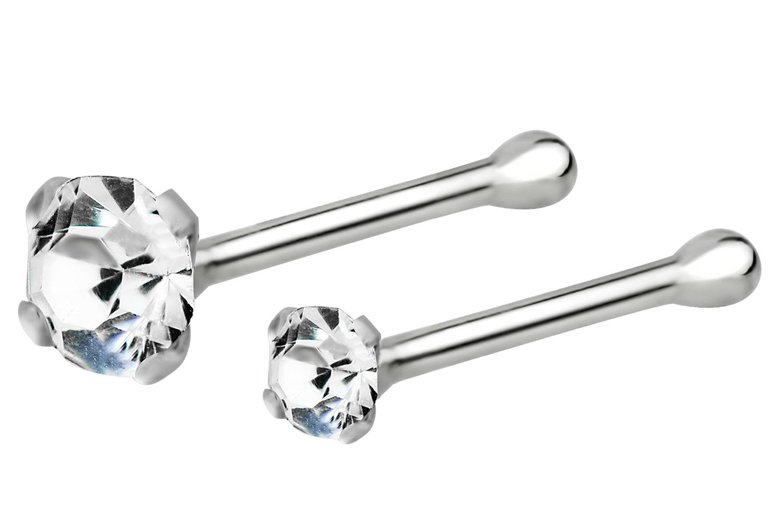 This set of Sterling Silver nose studs includes one 1.5 mm CZ crystal stud and one 2.5 mm CZ crystal stud. These 22 gauge studs are hypoallergenic.