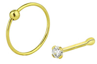 This set of 22 gauge nose rings includes one 1.25 mm CZ crystal stud and one 9 mm hoop ball ring. This hypoallergenic body jewelry is made with .925 Sterling Silver and 18k yellow gold plating.