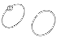 This set of Surgical Steel nose hoops includes a seamless nose hoop and a captive bead ring hoop. Each of the rings is 20 gauge and 10 mm in diameter, and the CBR ring has a 2.5 mm ball. This body jewelry is hypoallergenic.