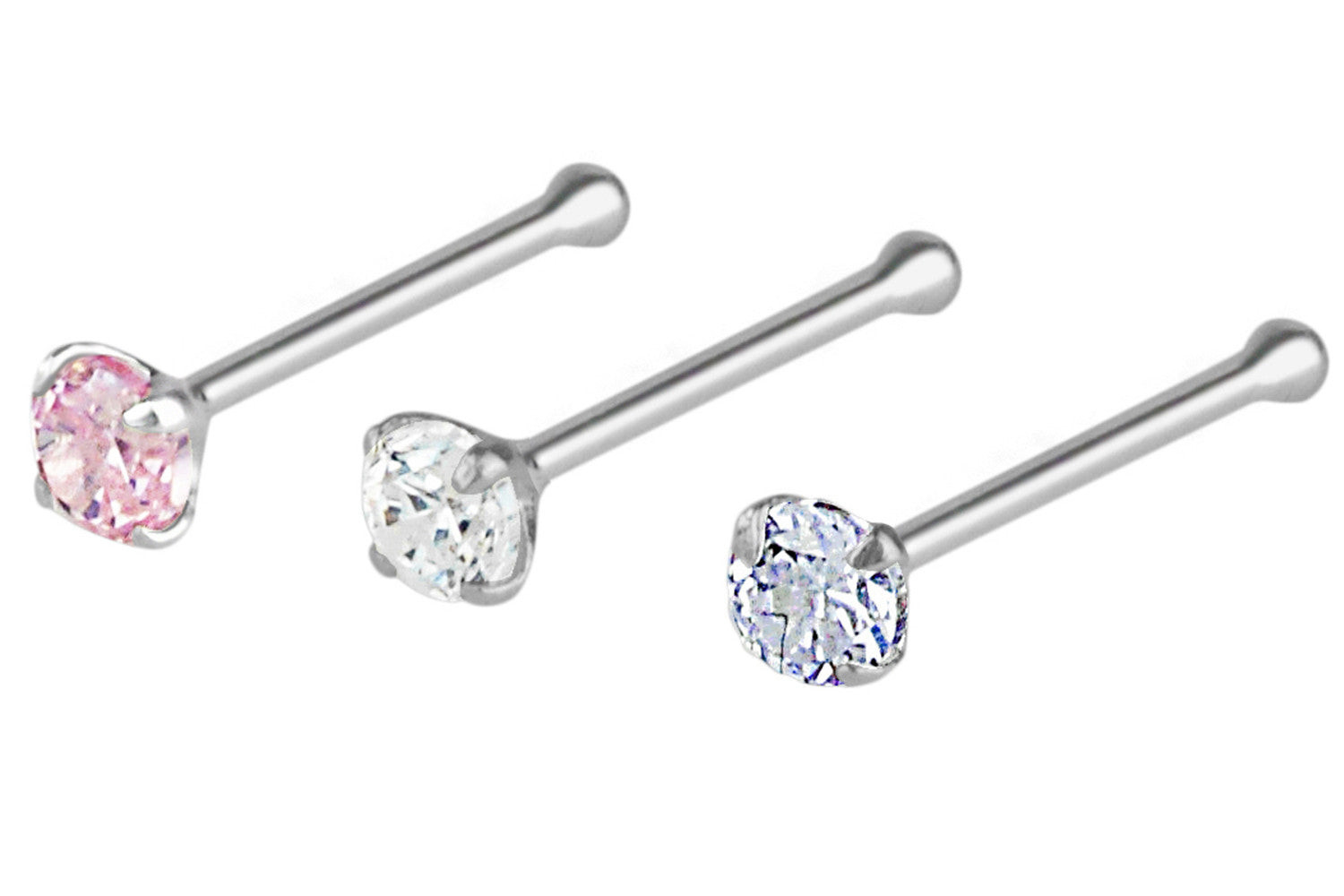 Our 22 gauge nose piercing studs are made with .925 Sterling Silver and Cubic Zirconia simulated diamond crystals. Each crystal is 2 mm in diameter and the studs have a 7 mm wearable shaft. This nose jewelry is hypoallergenic and lead and nickel free.