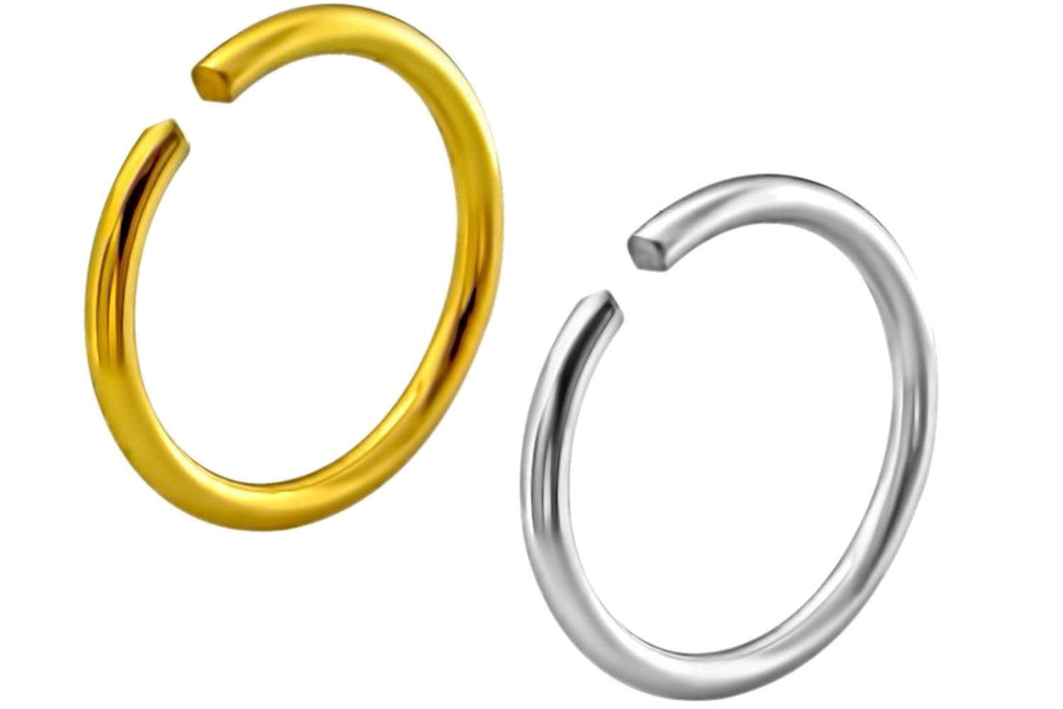 These 20 gauge seamless nose hoops are made with .925 Sterling Silver. The gold hoop is plated with 18k yellow gold.