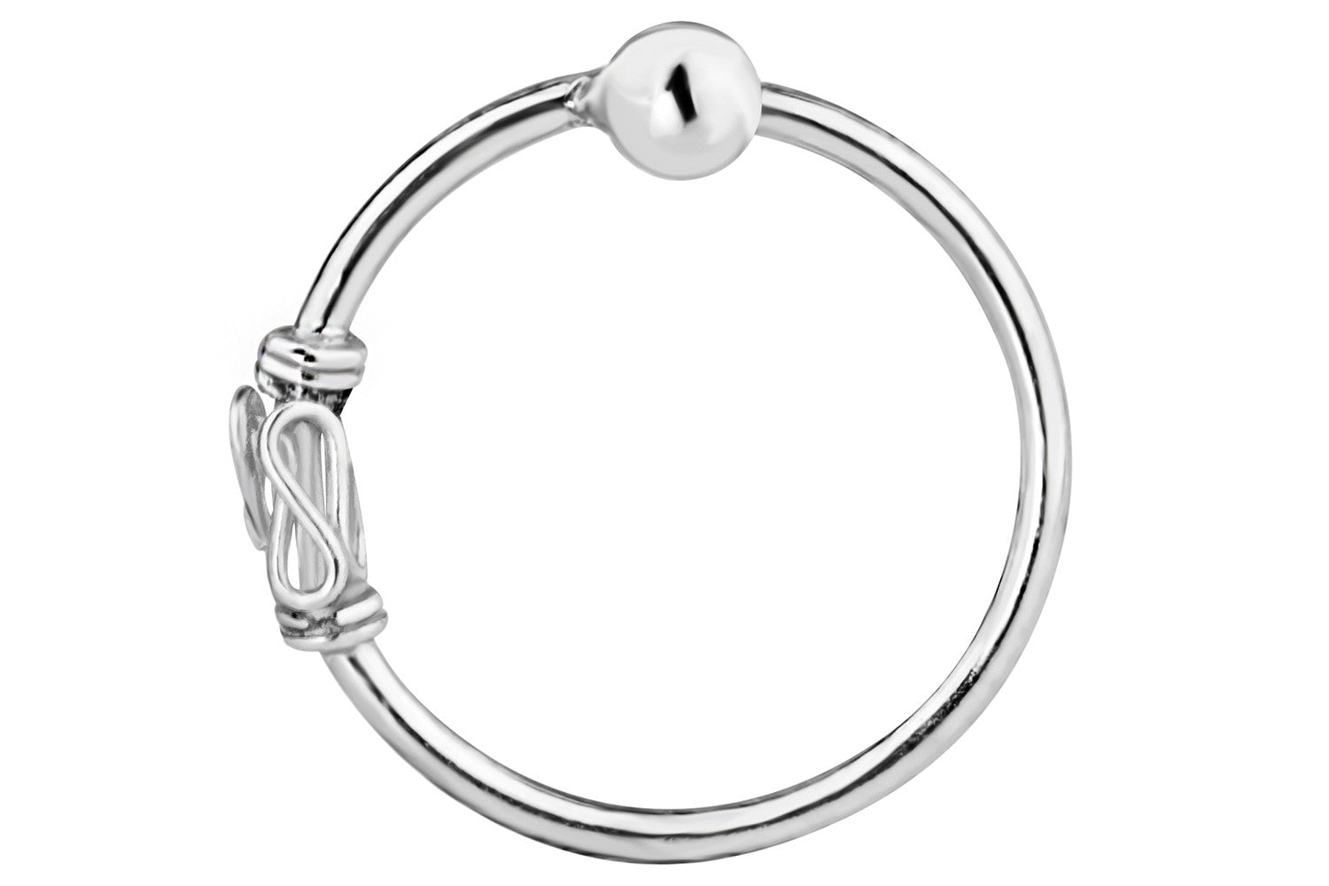 This 20g nose hoop is made with .925 Sterling Silver and features a unique Balinese design. Our one-side-fixed ball closure design is easy to use and secure. Simply un-fix one side of the ring and insert the ring into the piercing. Once the ring is in place, affix the wire back into the ball.