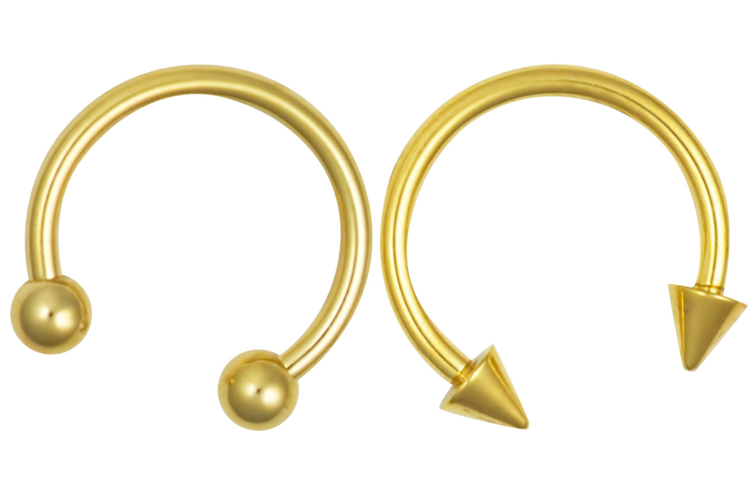 These 16 gauge septum horseshoe rings are made with surgical grade 316L Stainless Steel and Yellow Gold IP plating. IP (Ion Plating) is a safe and permanent fusion coating process used to enhance the durability, color and shine of body jewelry. These body jewelry rings are hypoallergenic and nickel free.