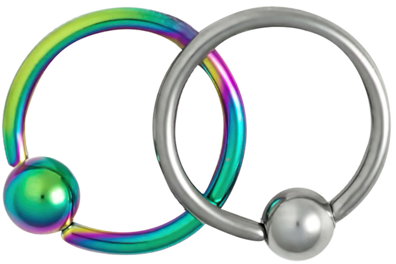 This set of 18 gauge cartilage jewelry includes a plain steel hoop and a Titanium IP plated rainbow hoop. IP (Ion Plating) is a safe and permanent fusion coating process used to enhance the durability, color and shine of body jewelry. Both pieces of jewelry are made with surgical grade 316L Stainless Steel. These captive bead rings have a 5/16" (8 mm) diameter and come with a 3 mm ball. Both pieces of body piercing jewelry are hypoallergenic and nickel free.