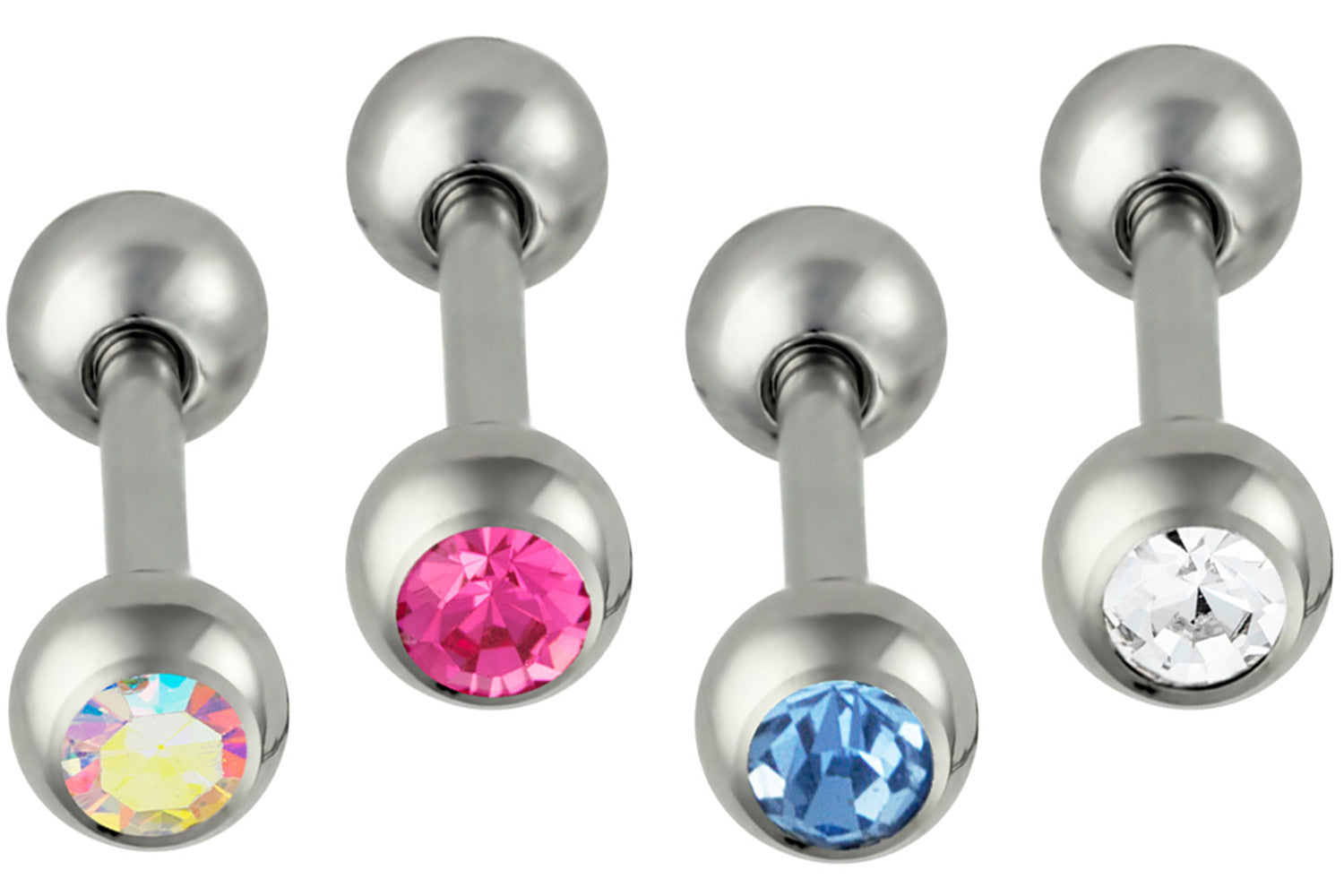 These 16 gauge cartilage stud barbells are made with surgical grade 316L Stainless Steel and pressed fit (not glued) Cubic Zirconia crystals. The barbells measure 1/4" (6 mm) long and they come with 4 mm end balls. Both balls unscrew for easy use. This body jewelry is hypoallergenic and nickel free.