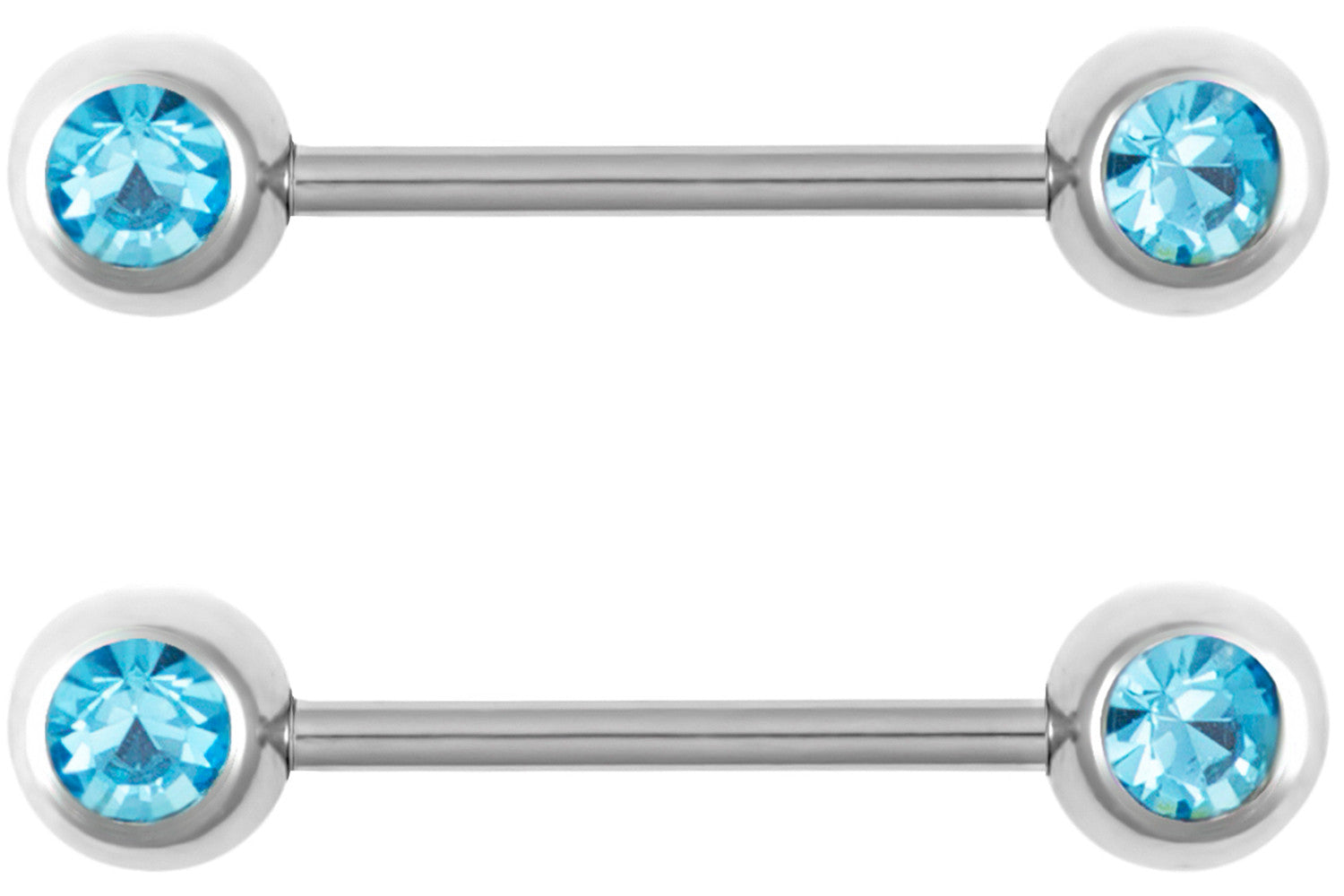 These 14 gauge nipple piercing barbells are made with surgical grade 316L Stainless Steel. These feature front facing crystal gems and they come as a pair. The barbell (portion that goes through the piercing) is 5/8" in length and the balls are 6 mm wide. This body jewelry is hypoallergenic and nickel free.