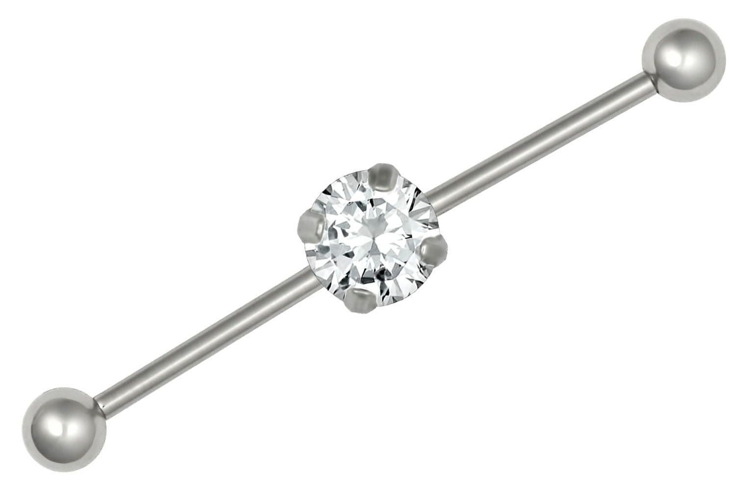 This 14 gauge industrial piercing barbell measures 1.5" and comes with 5 mm balls. This jewelry features a round Cubic Zirconia solitaire crystal (5 mm diameter). Both balls unscrew for easy use. This barbell is made with surgical grade 316L Stainless Steel. This body jewelry is hypoallergenic and nickel free.