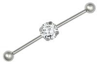 This 14 gauge industrial piercing barbell measures 1.5" and comes with 5 mm balls. This jewelry features a round Cubic Zirconia solitaire crystal (5 mm diameter). Both balls unscrew for easy use. This barbell is made with surgical grade 316L Stainless Steel. This body jewelry is hypoallergenic and nickel free.