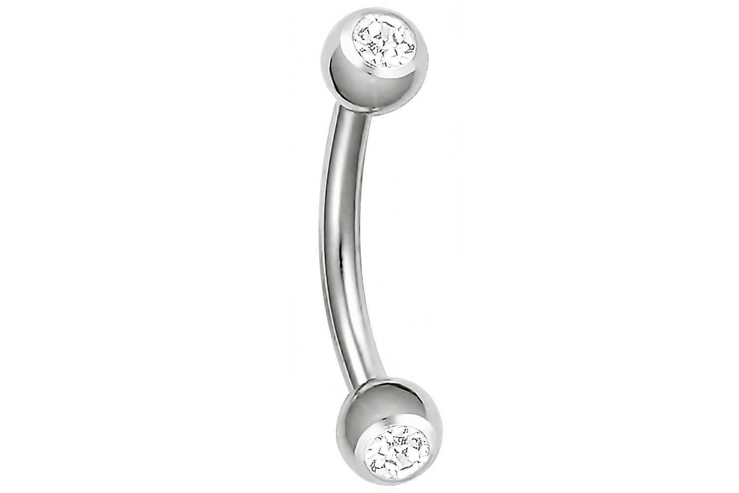 This 16 gauge eyebrow ring is made with surgical grade 316L Stainless Steel. This eyebrow jewelry is hypoallergenic and features press fit (not glued) Cubic Zirconia crystals. This curved barbell is 5/16" (8 mm) long with 3 mm balls. Both end balls unscrew for easy use. This body jewelry is hypoallergenic and nickel free.