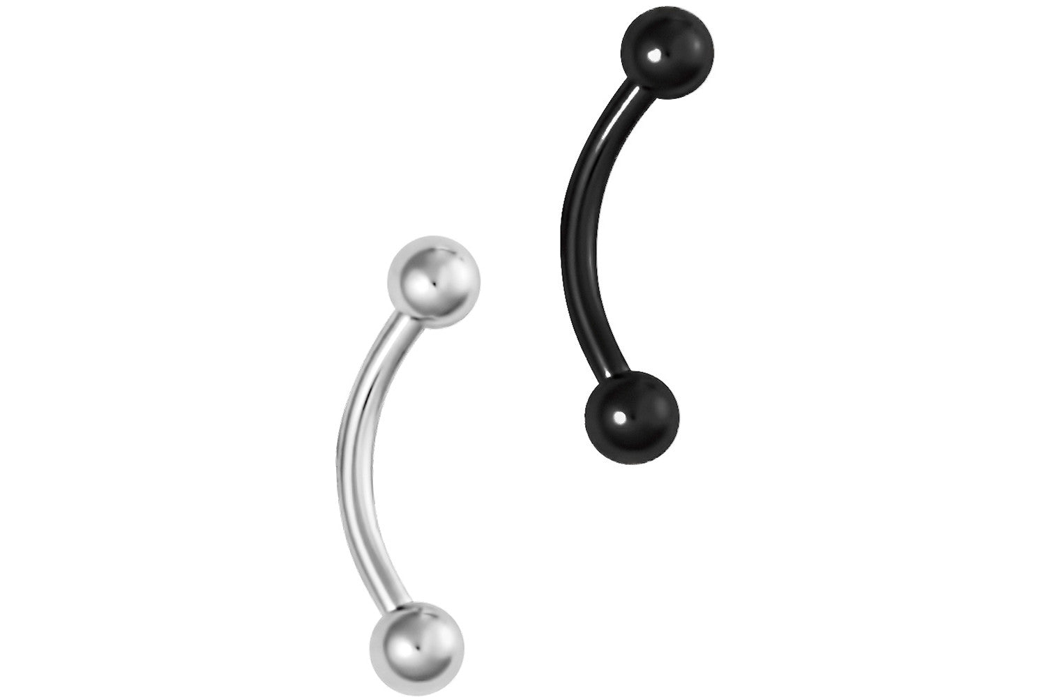 This set comes with two eyebrow piercing barbells. These 16 gauge curved eyebrow barbells are made with surgical grade 316L stainless steel. The black barbell is Titanium IP plated for color. IP plating (Ion Plating) is a safe and permanent surface refinishing process used to add color to body jewelry. These eyebrow rings are both hypoallergenic and nickel free.
